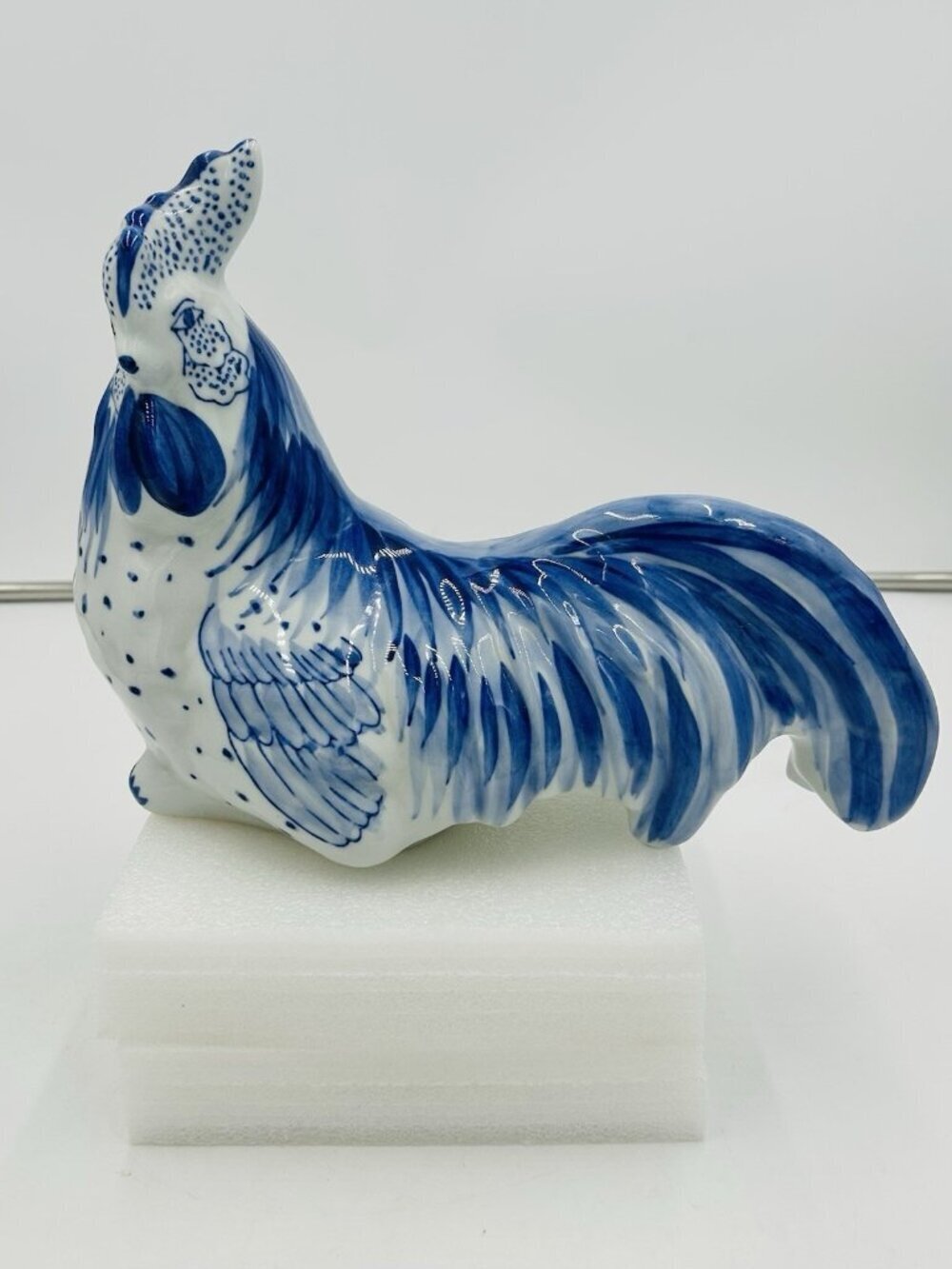 Delft Style Hand-Painted Porcelain 12" Rooster Figurine Blue & White Vintage
